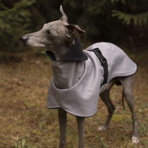 Kurtka przeciwdeszczowa szara z czarnym cienkim polarkiem dla charcika włoskiego